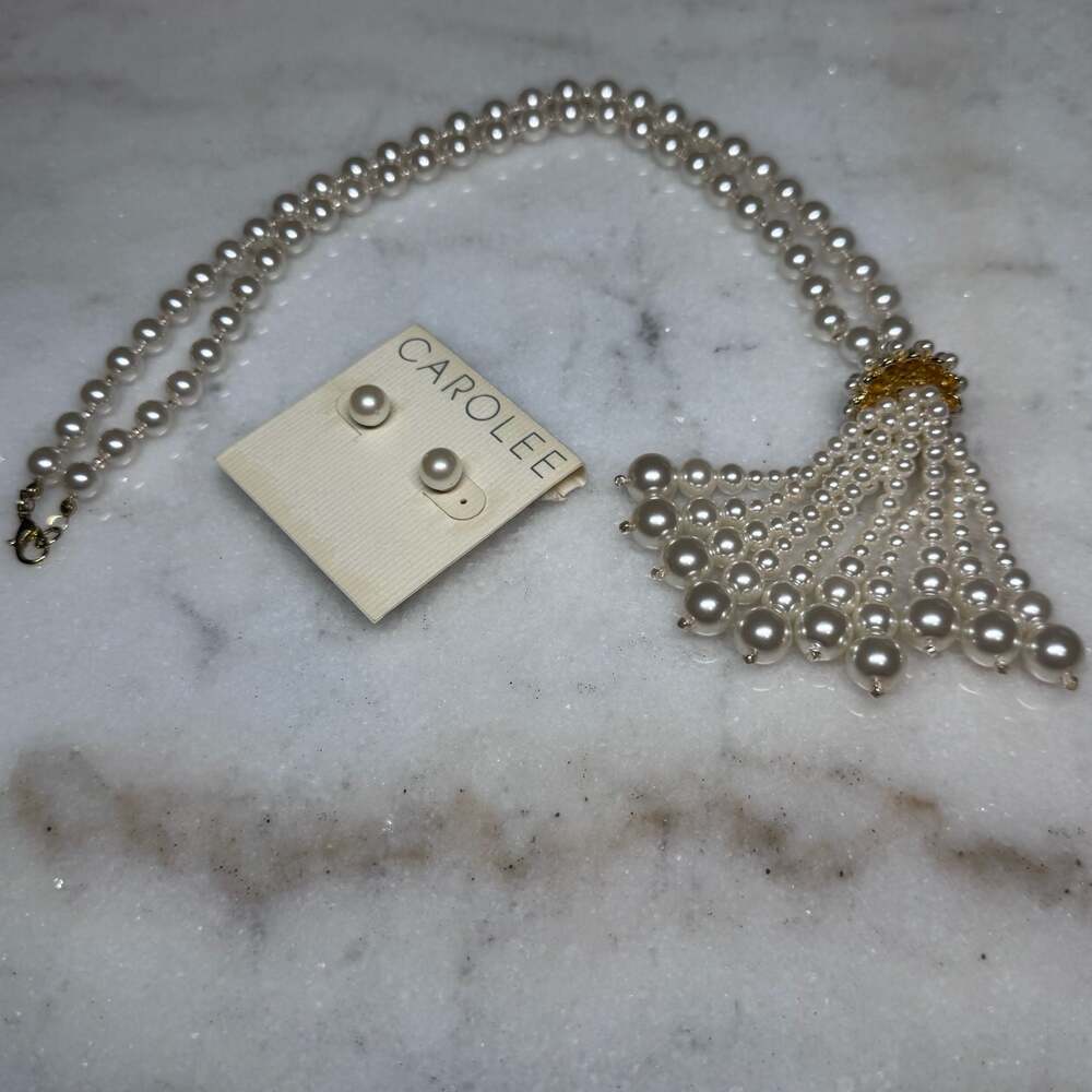 Vintage Carolee Faux Pearl Cascade Statement Necklace and Earring Set